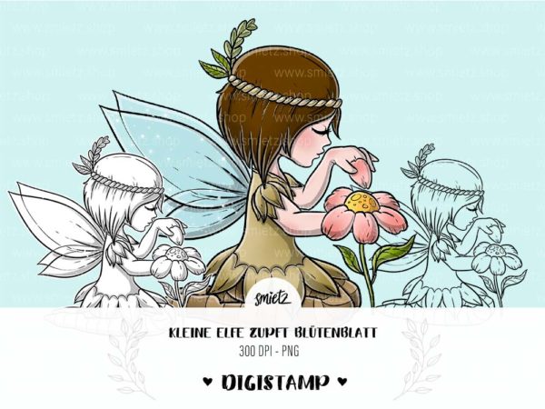 Teaser smietz Digistamp / Clipart - Kleine Elfe zupft Blütenblatt Digitaler Stempel, Clipart, Illustration, Basteln, Scrapbooking, png, Sublimation, Printable
