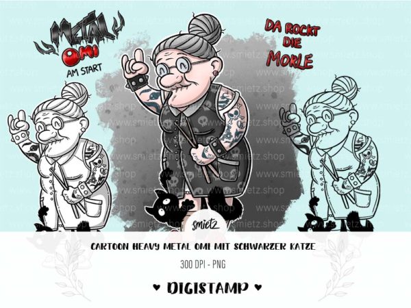 Teaser smietz Digistamp / Clipart - Cartoon Heavy Metal Omi mit schwarzer Katze Digitaler Stempel, Clipart, Illustration, Basteln, Scrapbooking, png, Sublimation, Printable