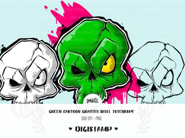 Teaser smietz Digistamp / Clipart - Green Cartoon Graffiti Skull Totenkopf Digitaler Stempel, Clipart, Illustration, Basteln, Scrapbooking, png, Sublimation, Printable