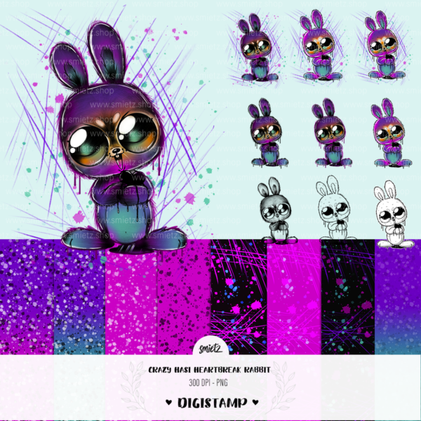 Teaser smietz Digiset Digistamp / Clipart - PNG – Crazy Hasi Heartbreak Rabbit Digitaler Stempel, Clipart, Illustration, Basteln, Scrapbooking, png, Sublimation, Printable