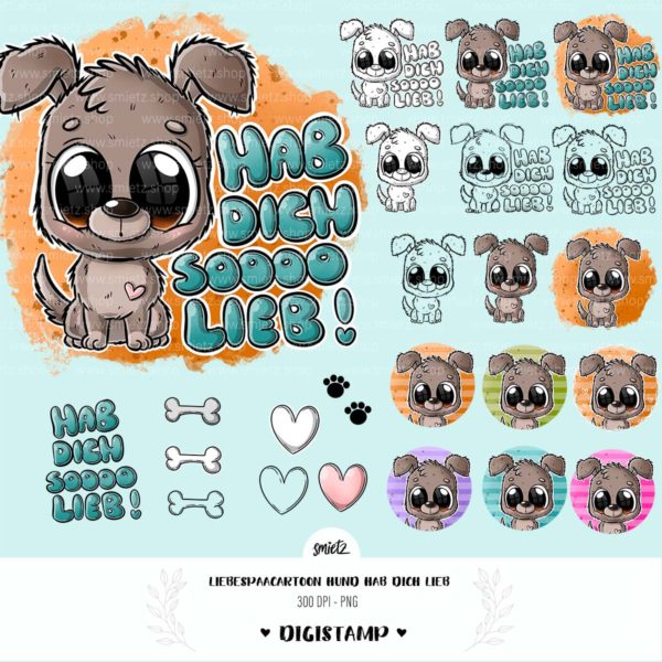 Teaser smietz Digiset Digistamp / Clipart - PNG – Cartoon Hund Hab dich lieb Digitaler Stempel, Clipart, Illustration, Basteln, Scrapbooking, png, Sublimation, Printable
