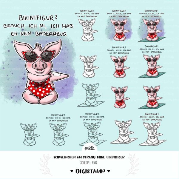 Teaser smietz Digiset Digistamp / Clipart - PNG – Schweinchen am Strand ohne Bikinifigur Digitaler Stempel, Clipart, Illustration, Basteln, Scrapbooking, png, Sublimation, Printable